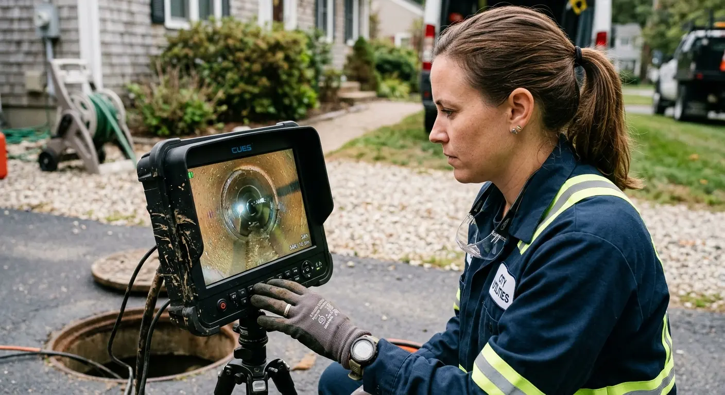 Technician reviewing sewer camera inspection footage in Yazoo City