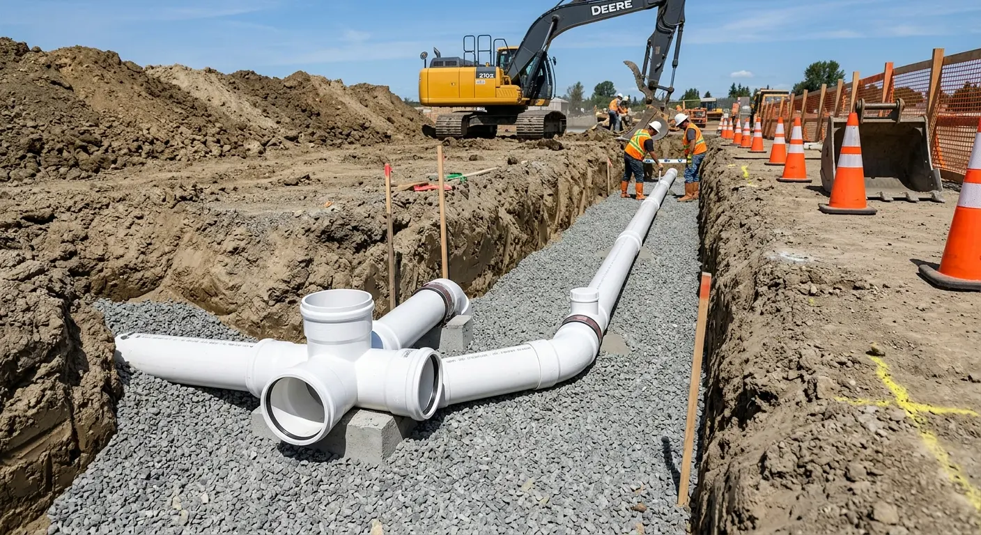 New PVC sewer pipe installation in open trench for Commercial Drain Cleaning in Yazoo City