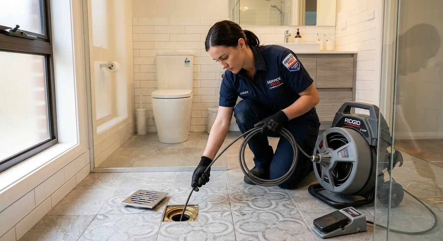 Technician clearing a bathroom floor drain for Drain Cleaning in Yazoo City